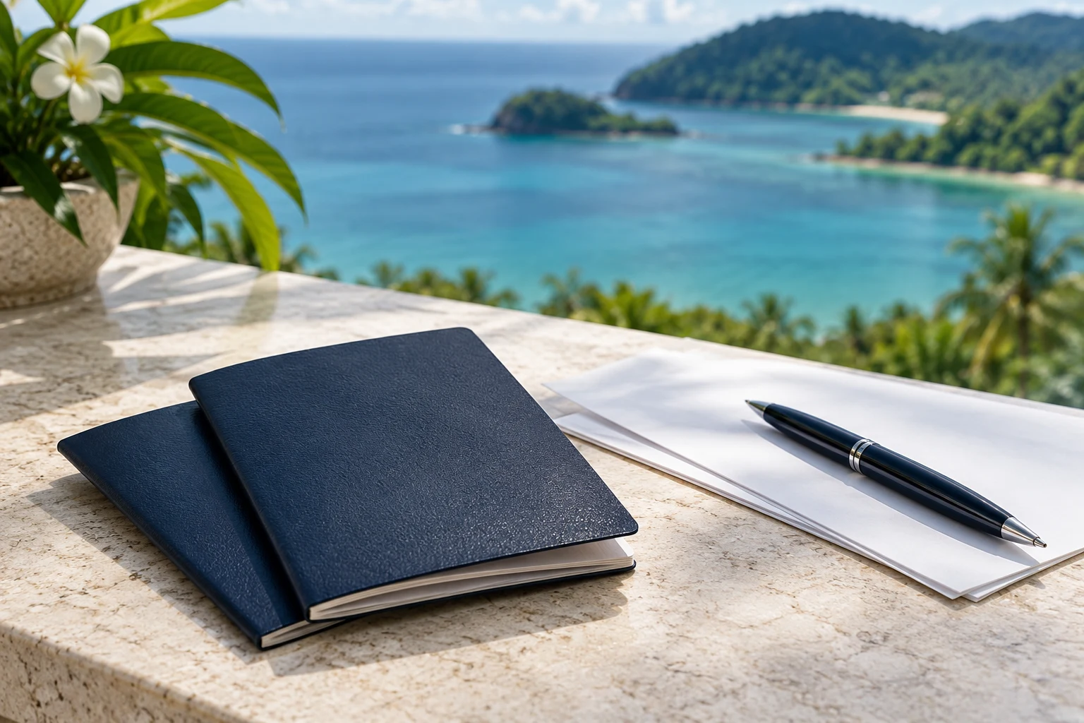 Illustrative passport booklets and documents overlooking a turquoise island coast